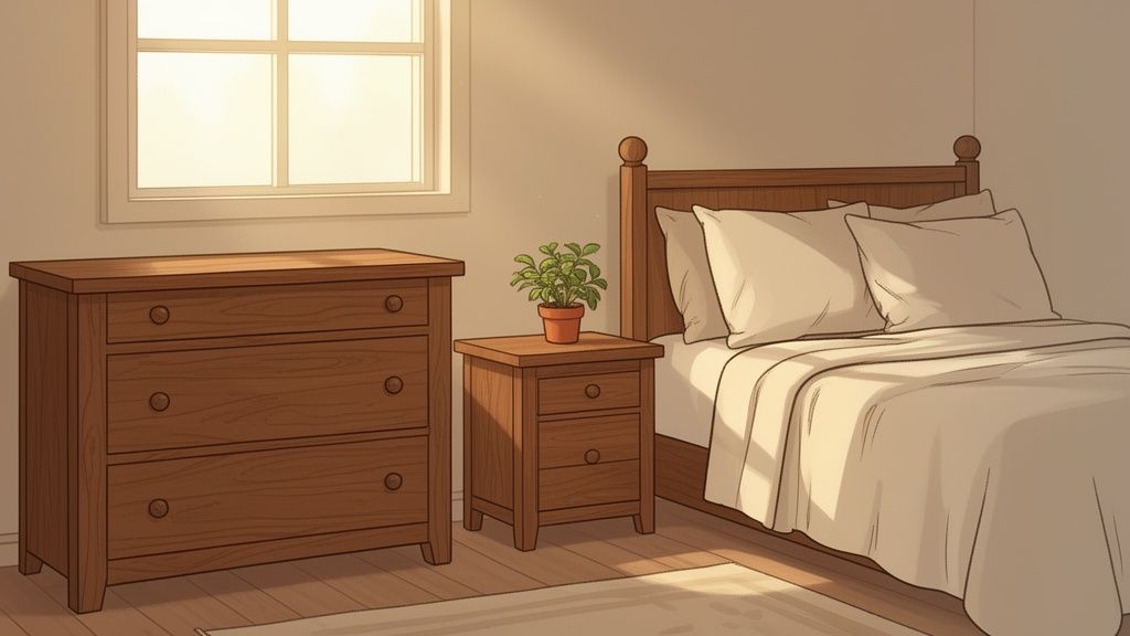 A cozy bedroom with light streaming through a window, illuminating a wooden dresser, nightstand, and bed.
