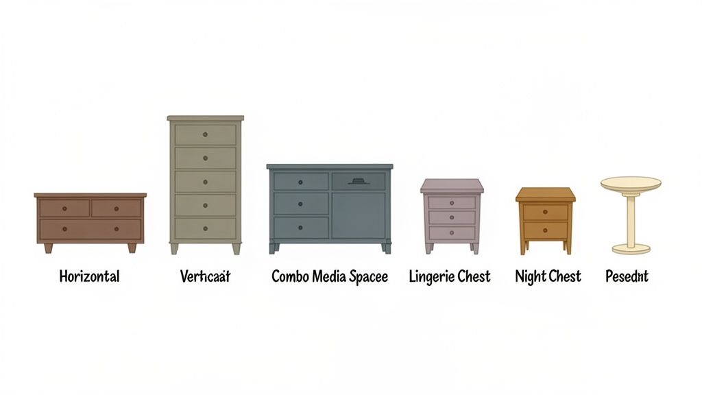 Illustration showing various types of bedroom dressers, chests, and a nightstand in different colors and styles.
