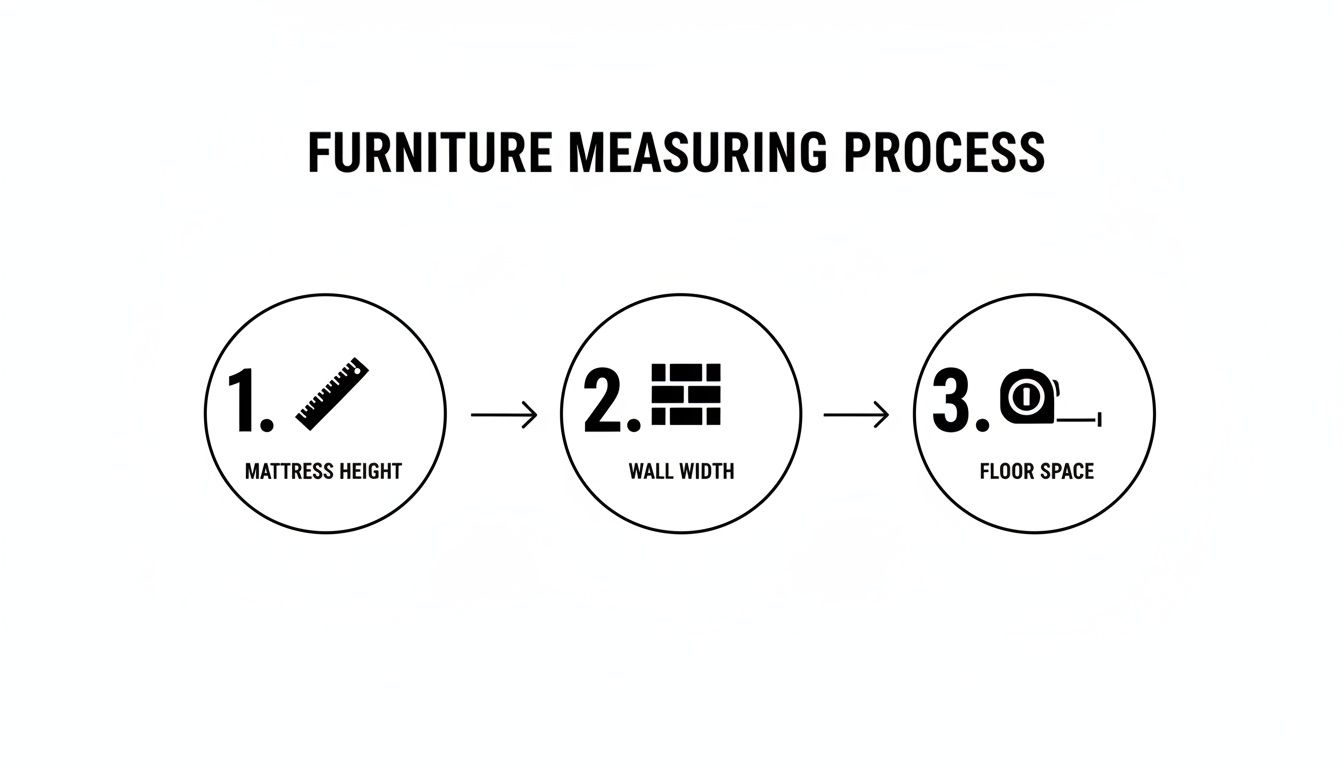 Infographic detailing the furniture measuring process, including mattress height, wall width, and floor space.
