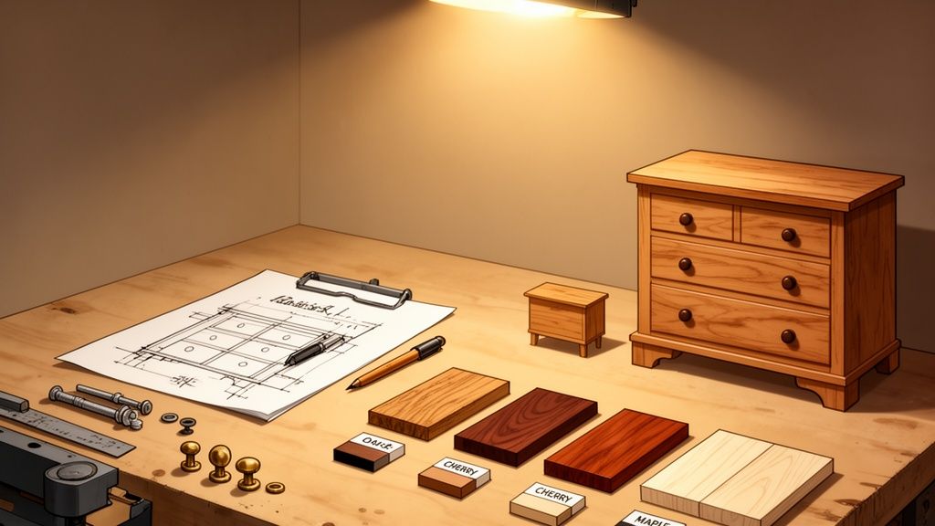 A craftsman's workbench with a dresser blueprint, wood samples, hardware, and finished furniture pieces.