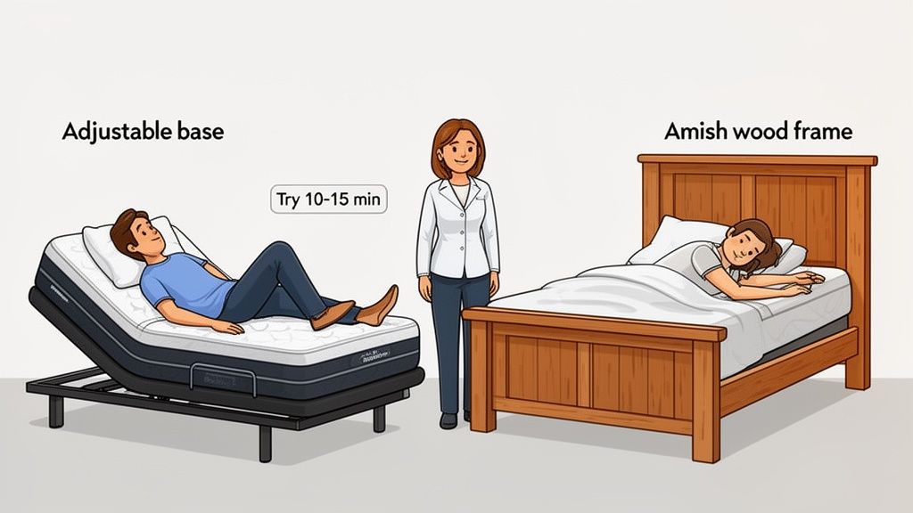 Comparing an adjustable bed base with a man resting on it to a traditional Amish wood frame bed with a woman sleeping.