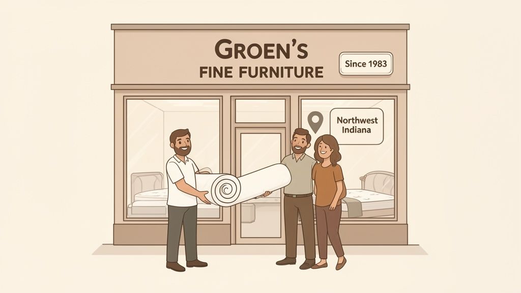 Groen's Fine Furniture employee gives a rolled mattress to a happy couple in Northwest Indiana.