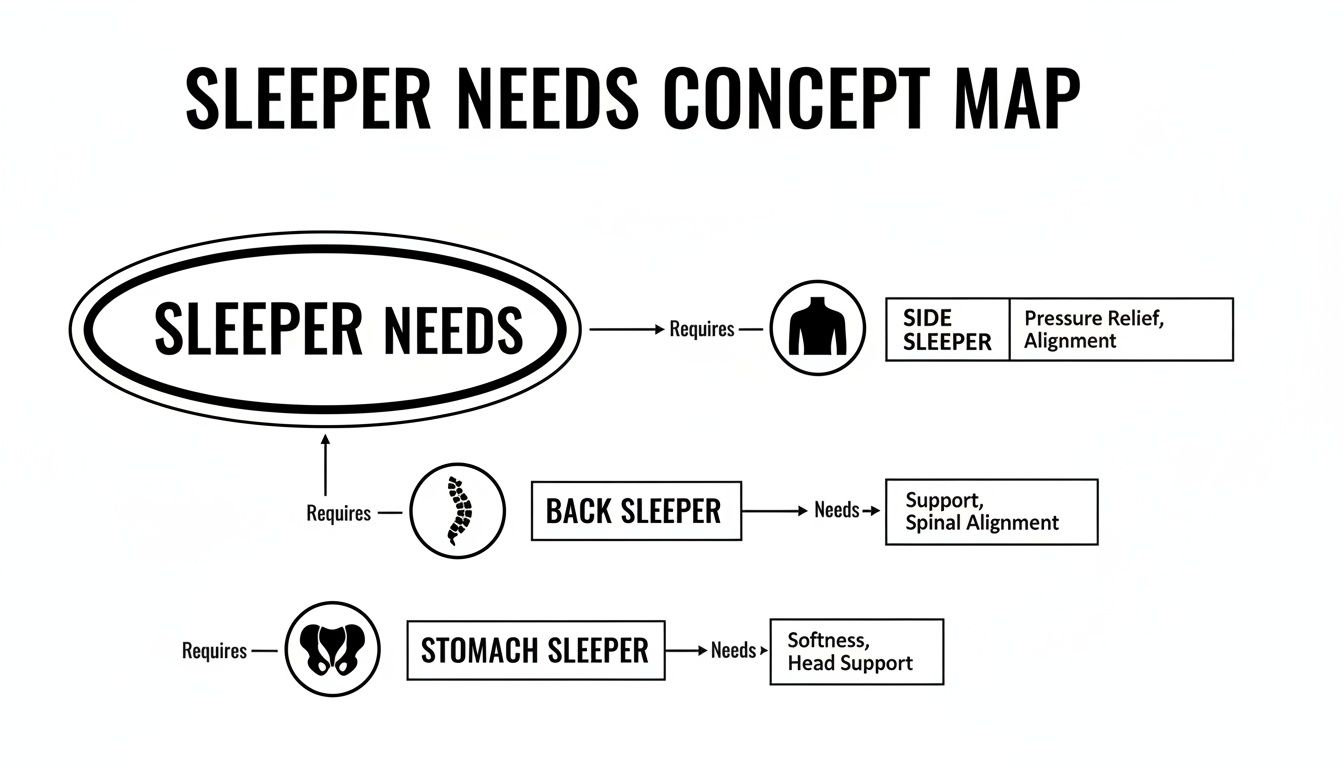 A concept map illustrating specific sleeper needs based on different sleeping positions like side, back, and stomach.