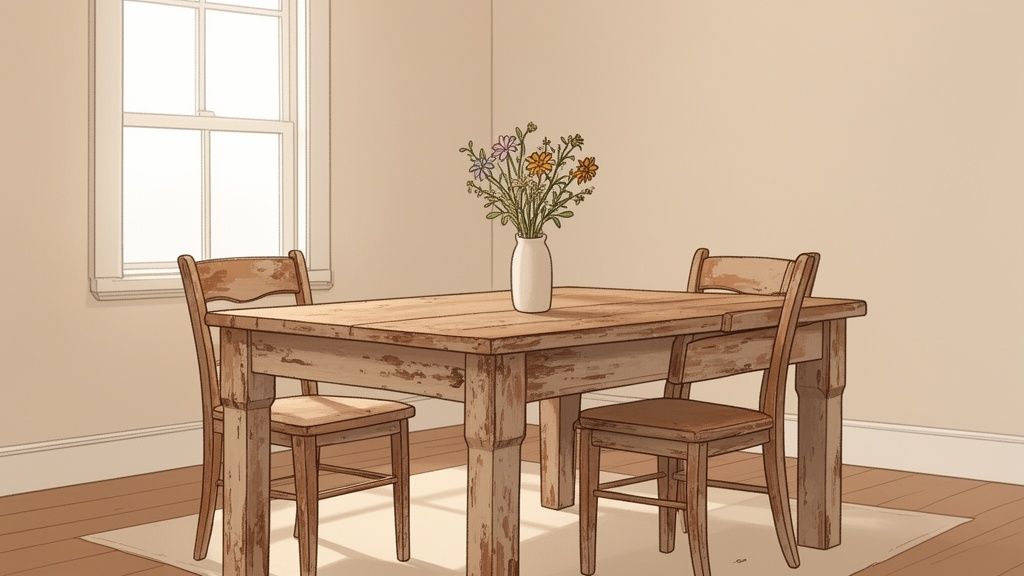A rustic dining room features a distressed wooden table with a vase of colorful flowers and two chairs.