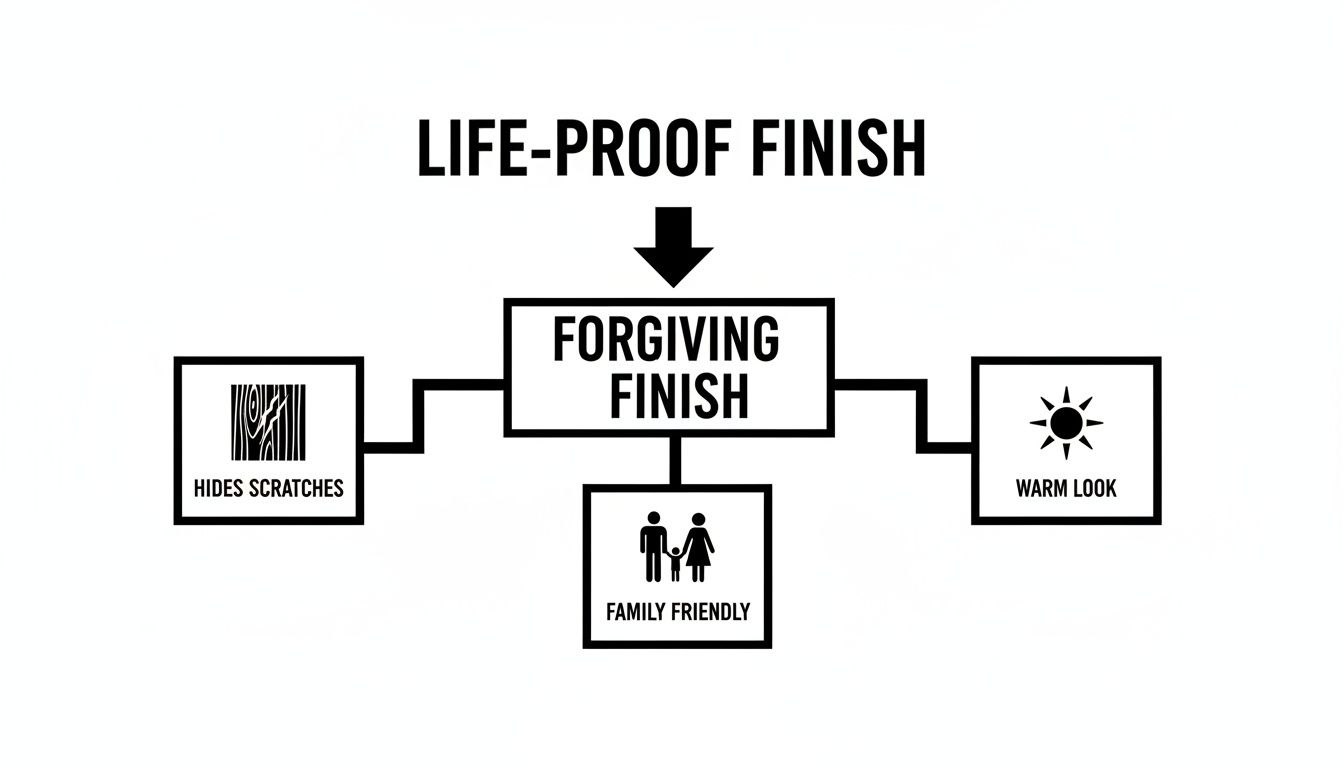 Flowchart detailing the benefits of a life-proof finish: hides scratches, family-friendly, and warm look.
