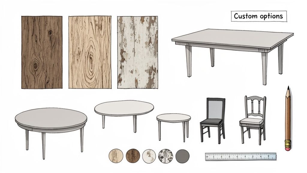 Custom options for dining furniture, including rectangular and round tables, chairs, and wood texture samples.