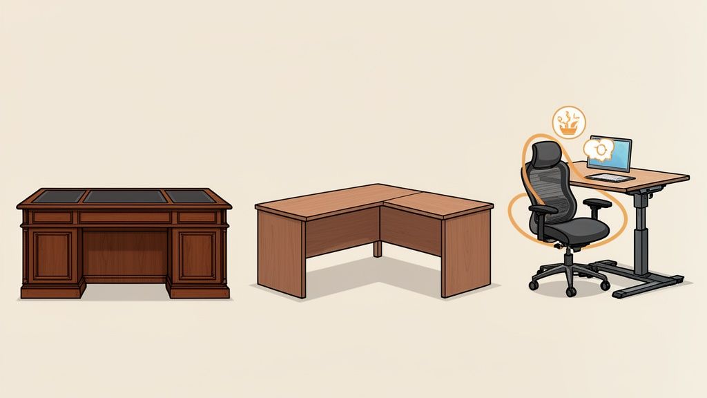Three distinct home office setups: a traditional wooden desk, an L-shaped desk, and a modern standing desk with an ergonomic chair.