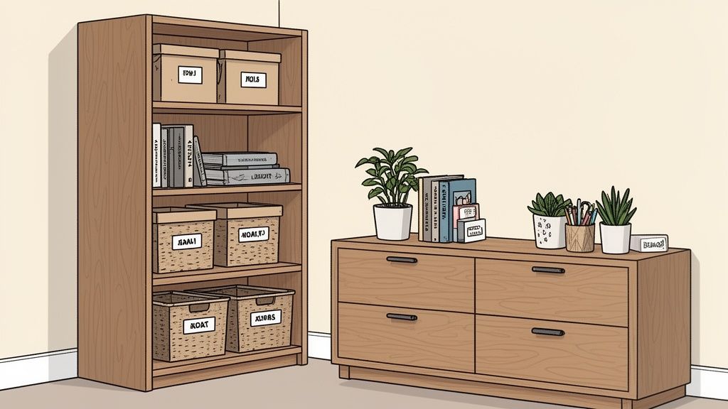 An organized home office corner with a wooden bookshelf, dresser, books, plants, and storage boxes.