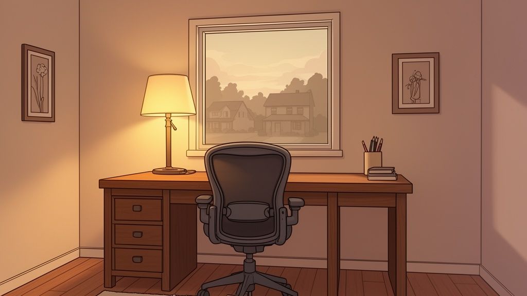 A cozy home office featuring a wooden desk, task chair, illuminated lamp, and a window view.