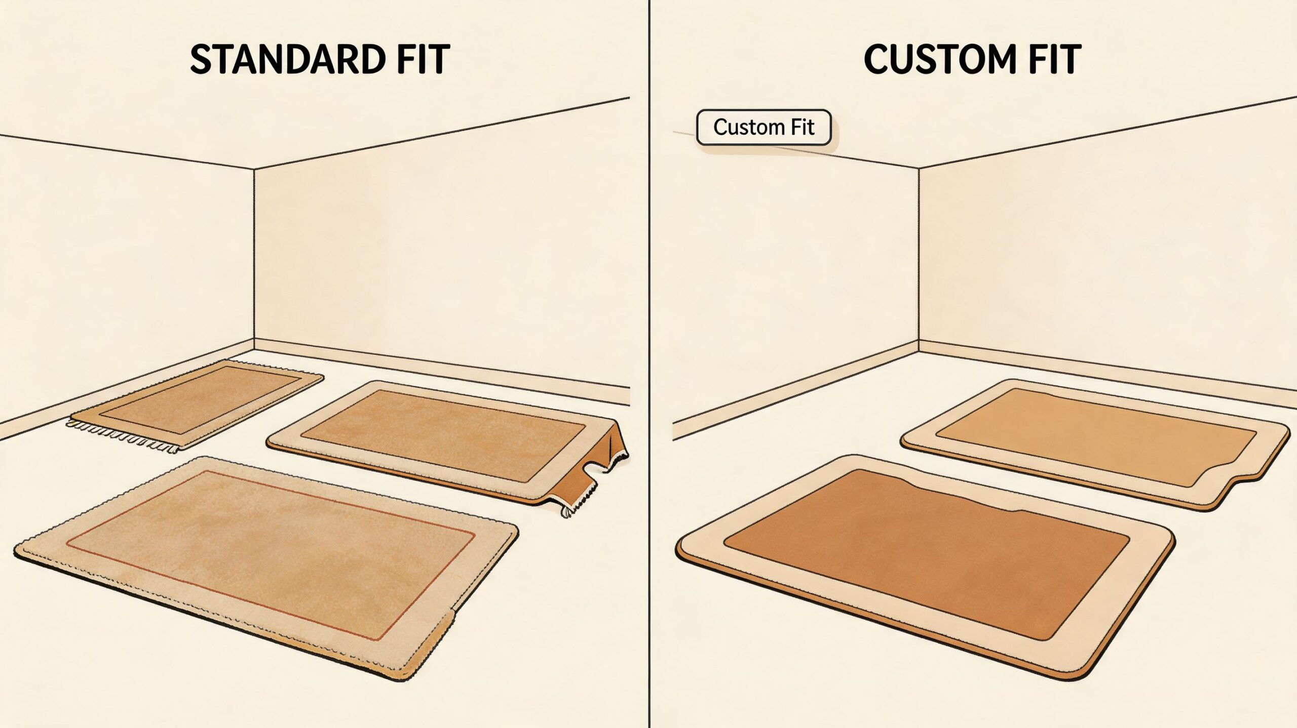 A diagram comparing standard fit and custom fit rug options for specific room dimensions and layouts.
