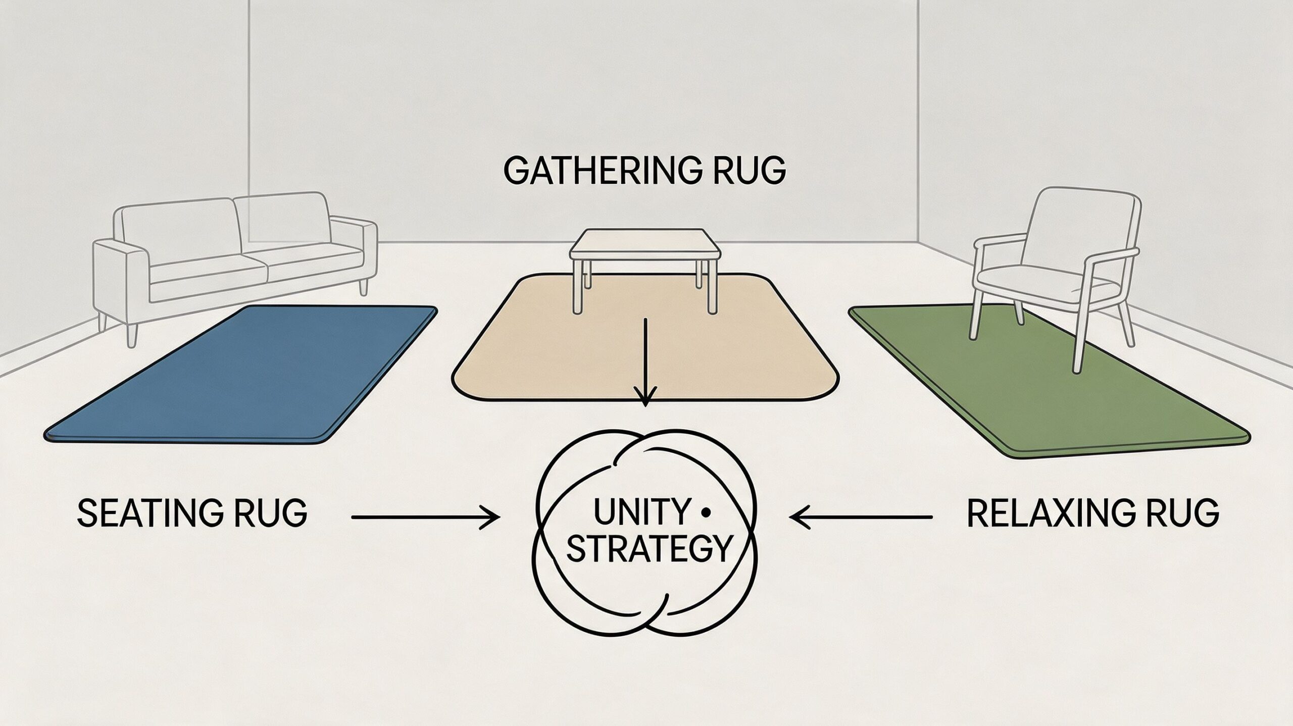 A diagram illustrating a three-piece rug strategy for coordinating seating, gathering, and relaxing furniture areas in a room.