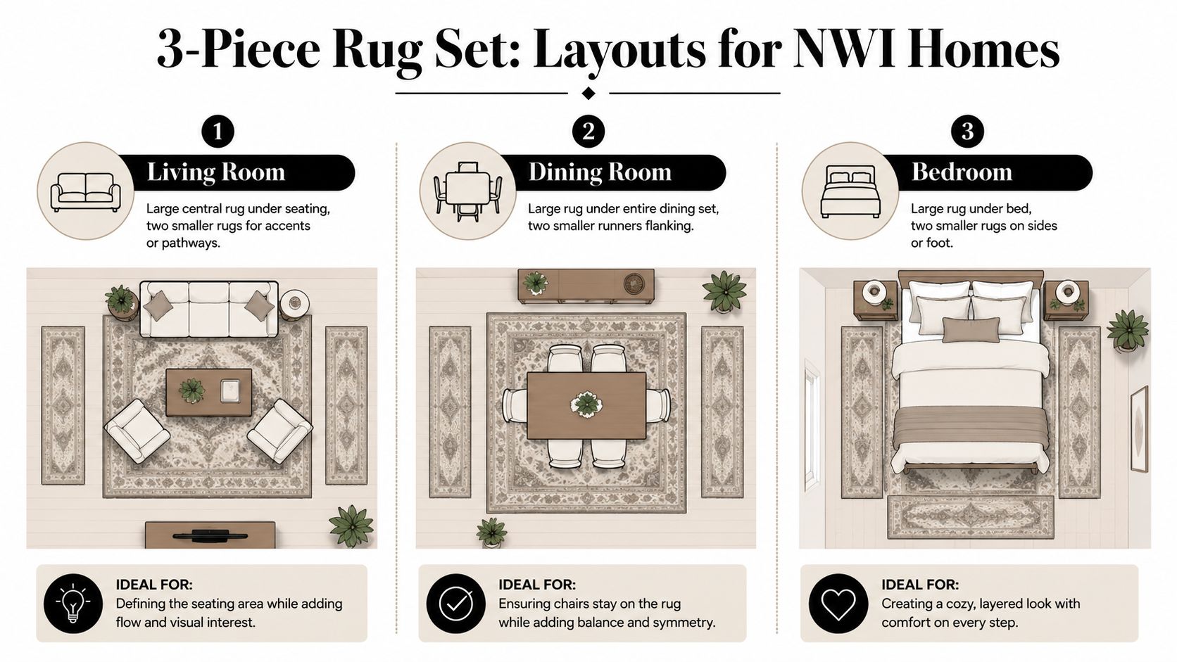 An infographic showing three layout options for a 3-piece rug set in living rooms, dining rooms, and bedrooms.