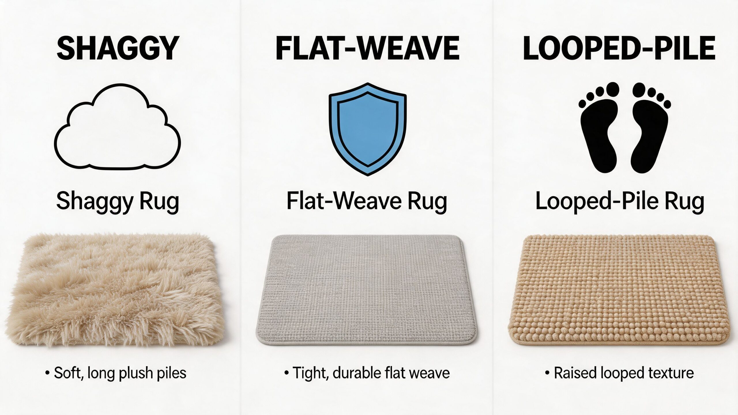 A comparison chart showing three different types of rugs: shaggy, flat-weave, and looped-pile with texture descriptions.