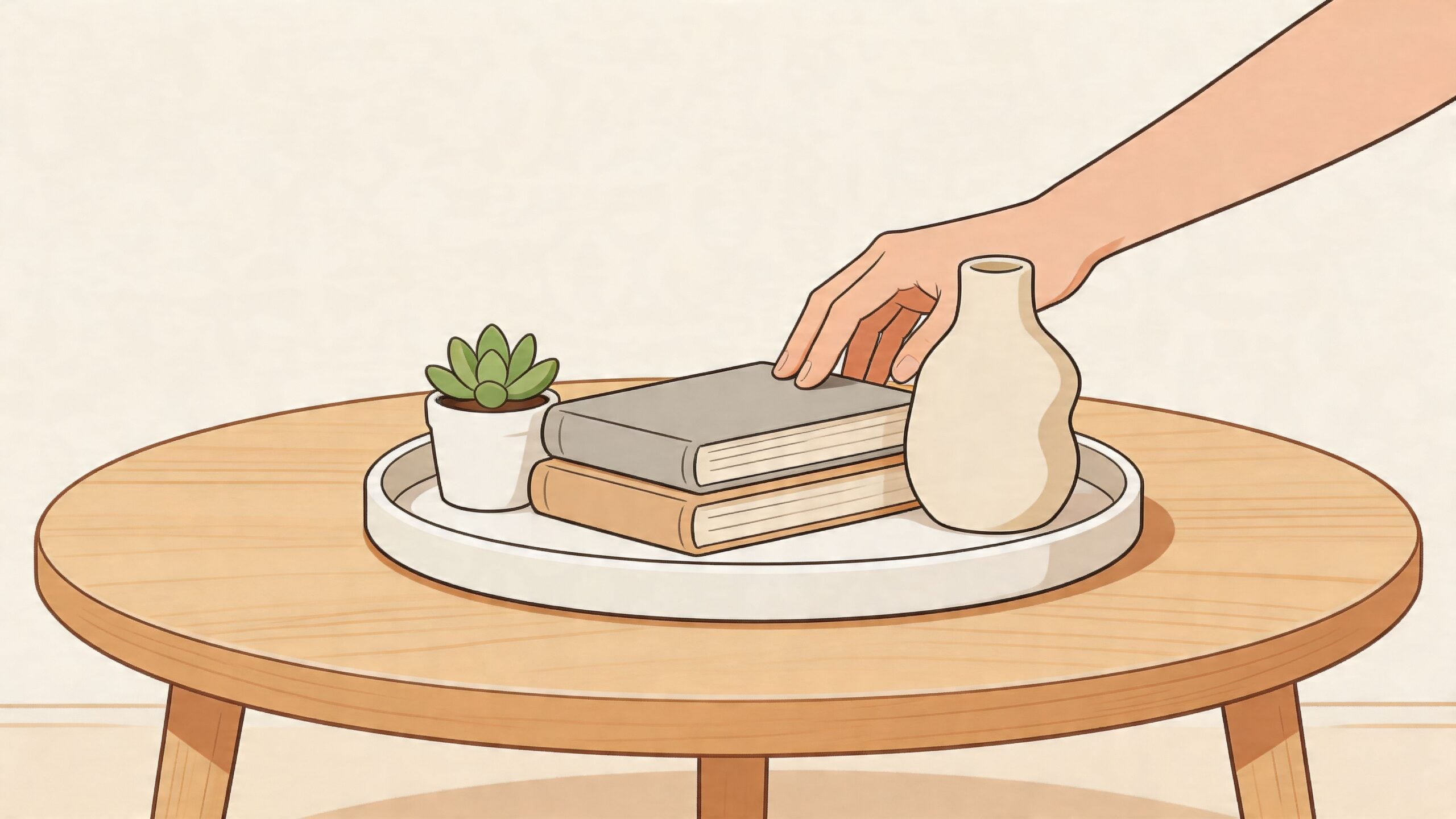 A hand reaches toward a white tray on a 40 inch round coffee table holding books and decor.