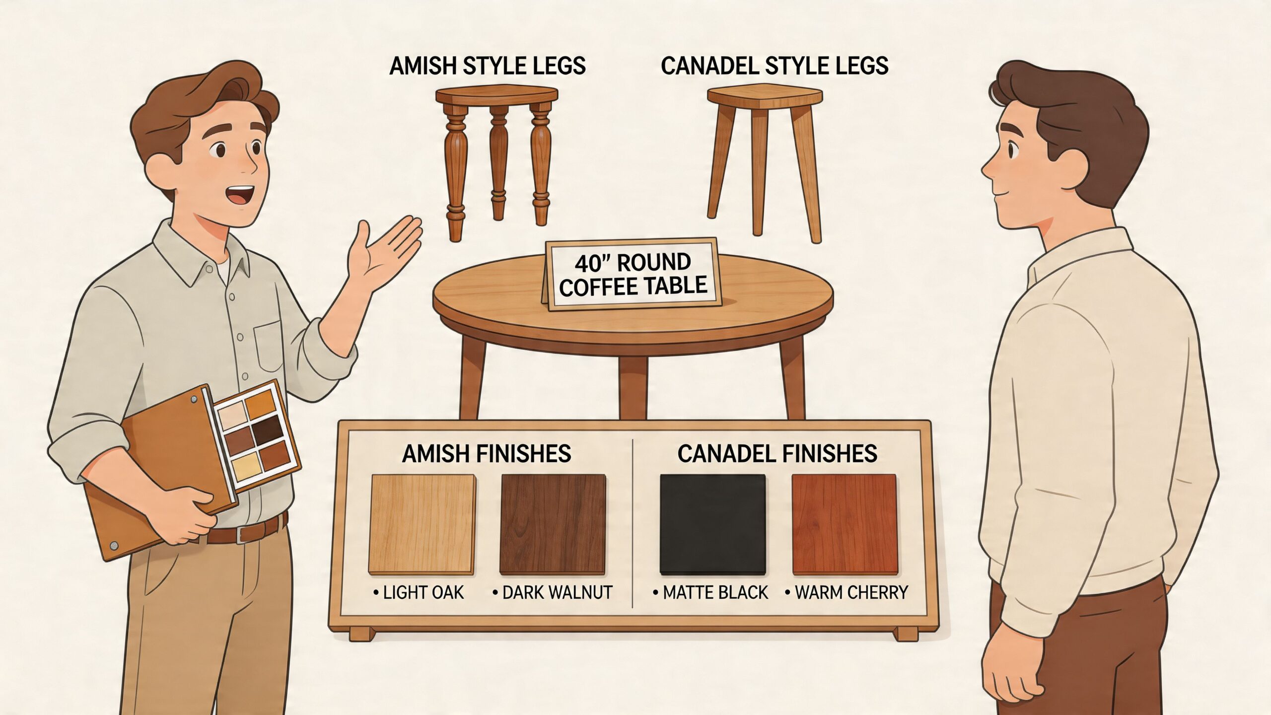 A salesperson demonstrating Amish and Canadel style options for a 40 inch round coffee table design.