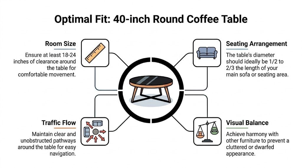 An infographic illustrating four key considerations for selecting an optimal 40-inch round coffee table for your living space.