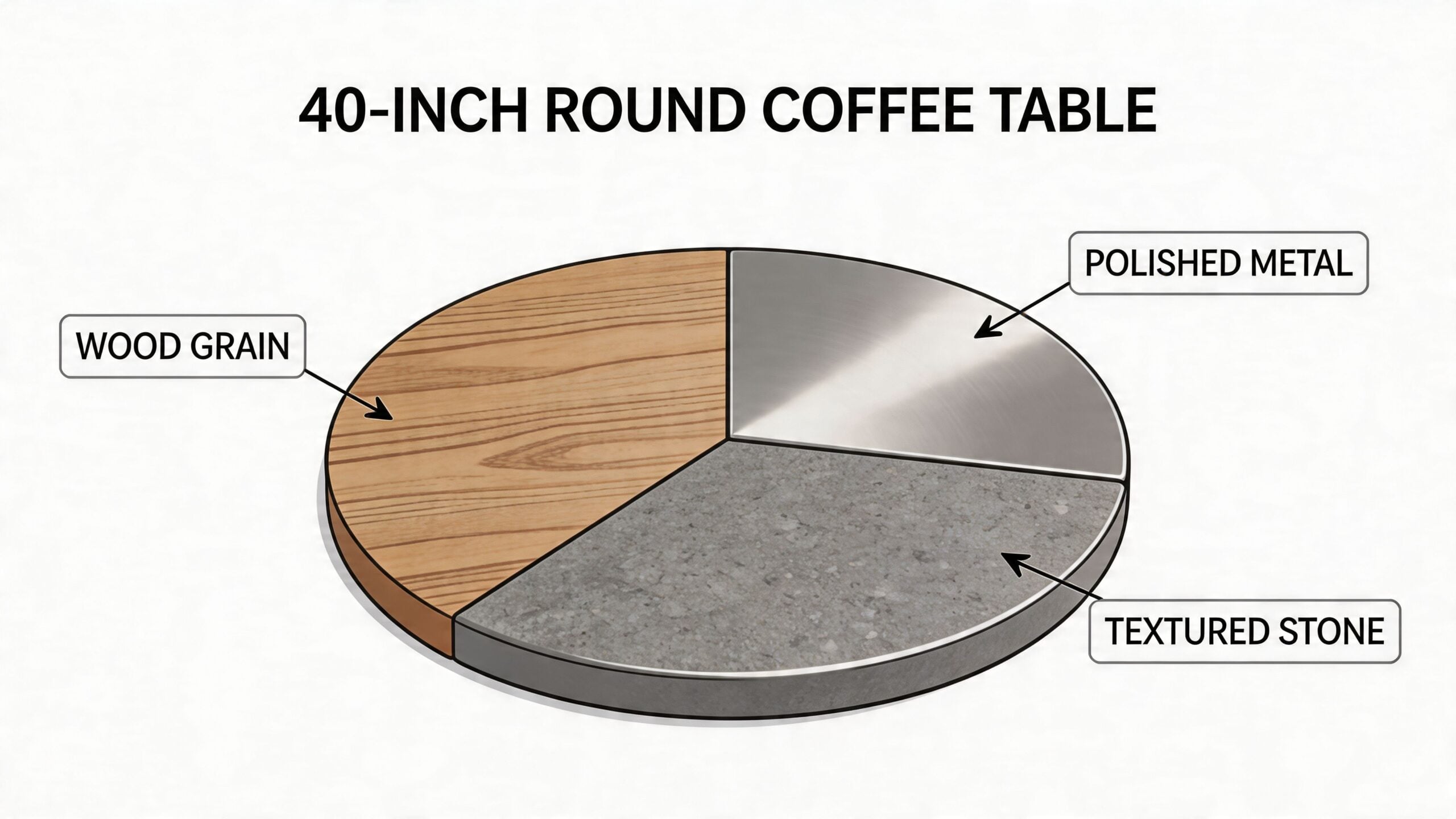 A 40-inch round coffee table design diagram featuring sections made of wood grain, polished metal, and textured stone.