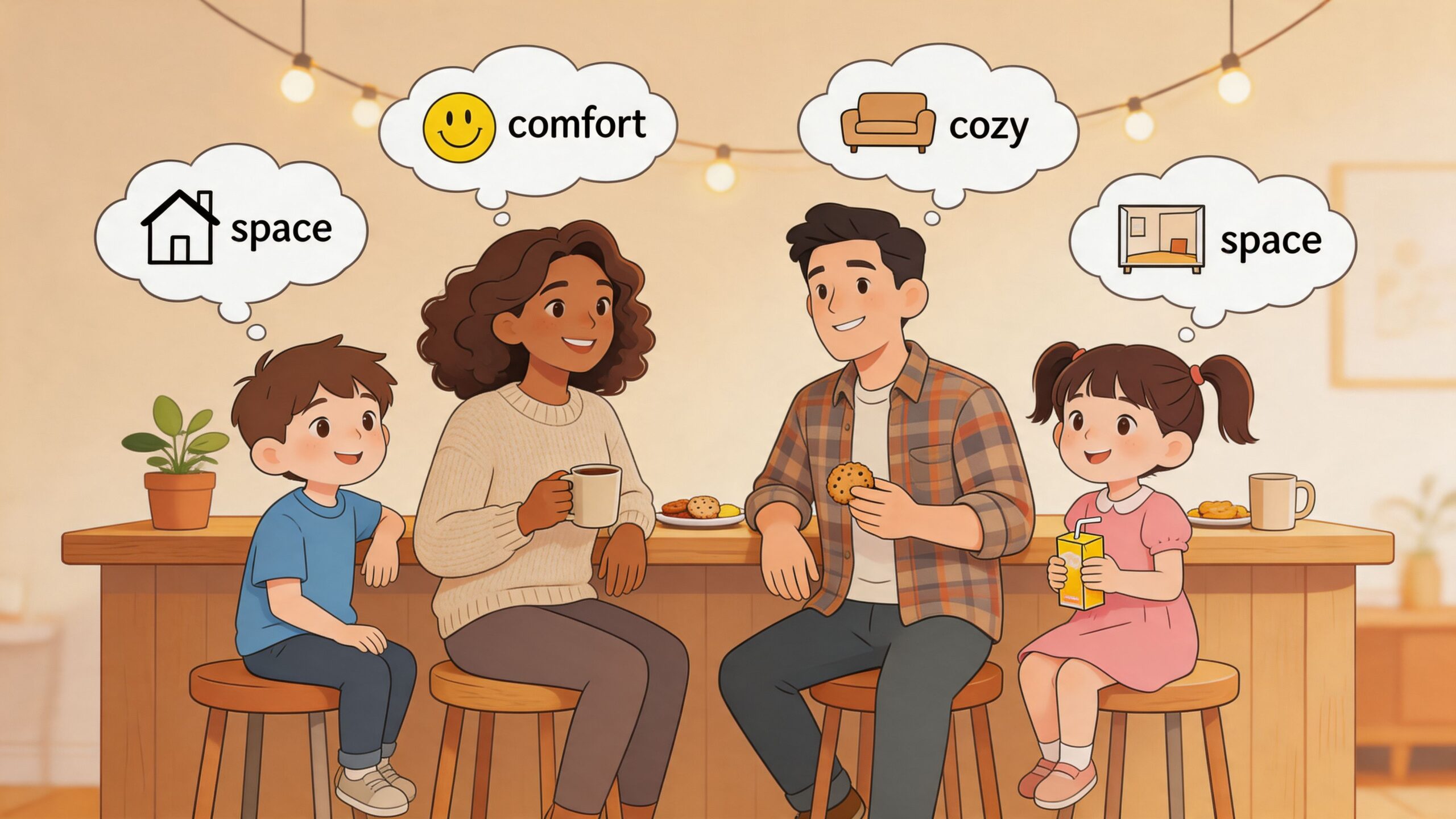 A family of four sits at a wooden counter, enjoying snacks while sharing their home preferences.