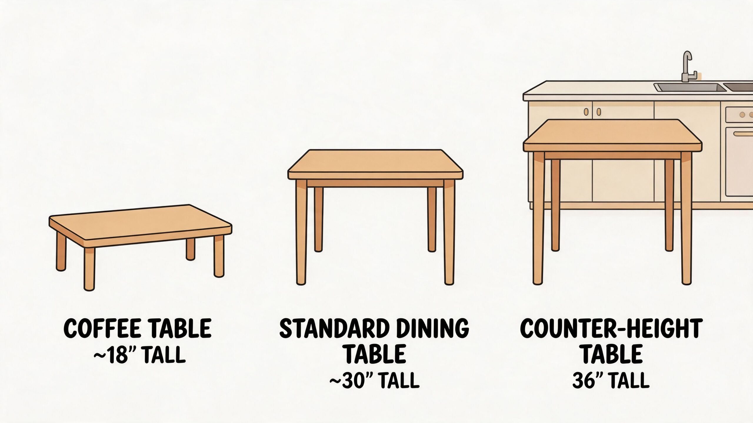 A diagram comparing the heights of a coffee table, standard dining table, and a counter-height table.