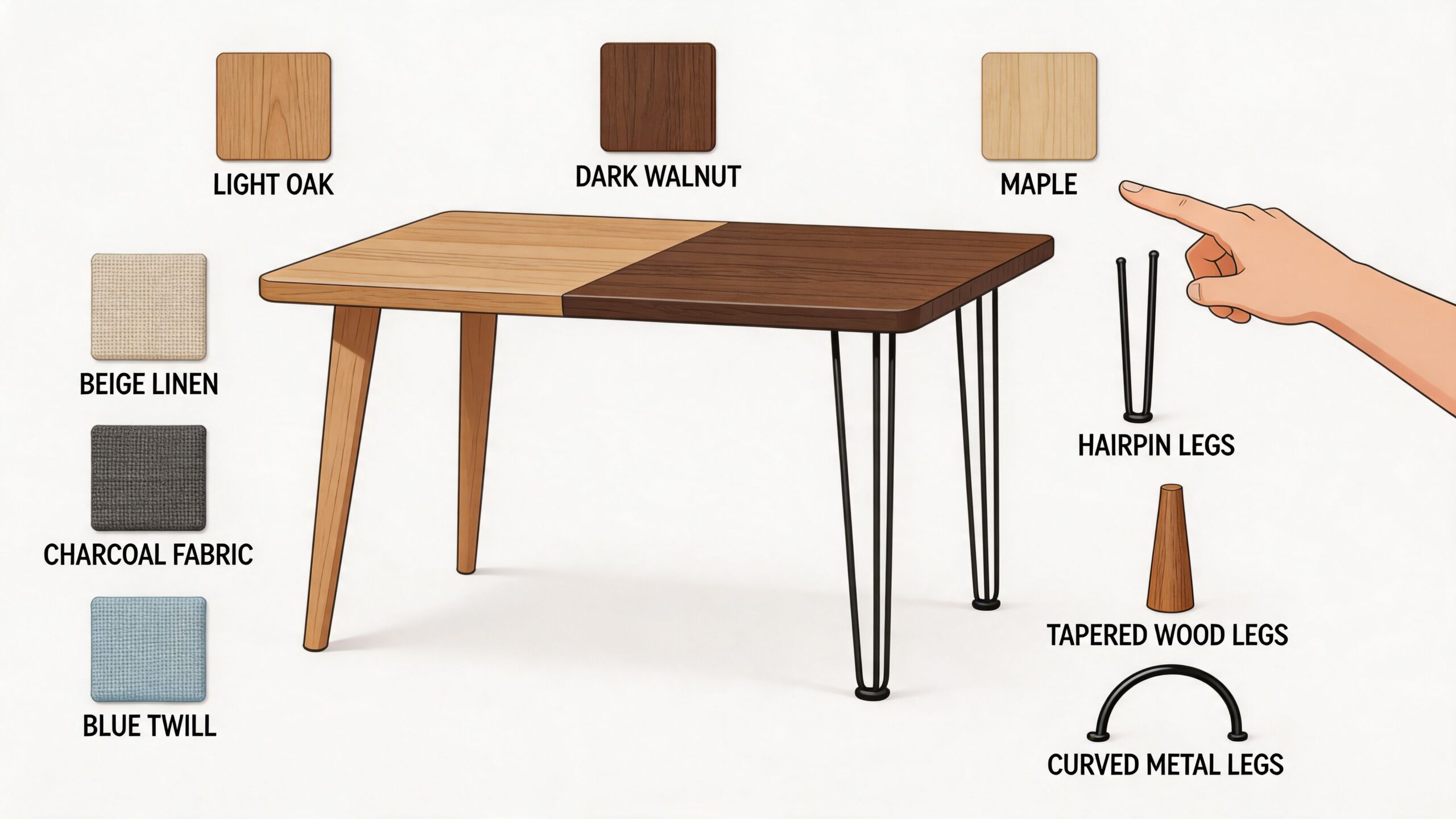 A custom dining table design tool showcasing wood finish options and various table leg styles for furniture.