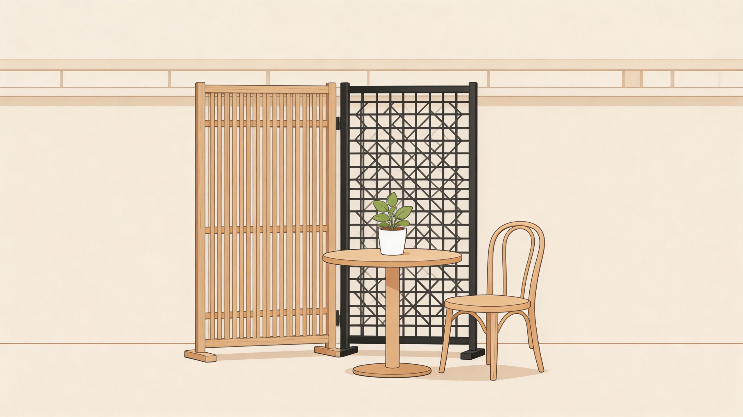 A minimalist indoor setting featuring a wooden table, a single chair, and decorative privacy screens.