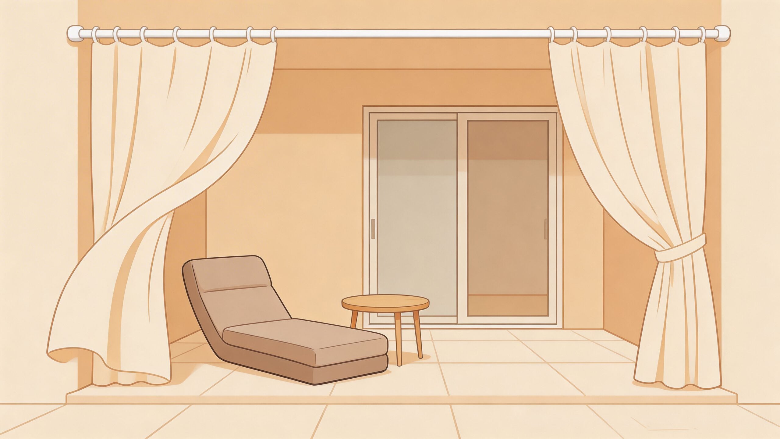 A cozy apartment patio features a comfortable lounge chair and a small wooden table with flowing curtains.