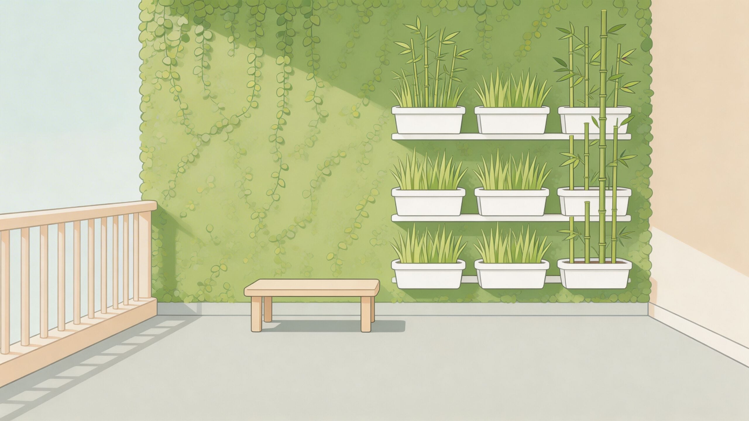 An apartment patio featuring a vertical garden wall with potted plants on shelves and a simple bench.