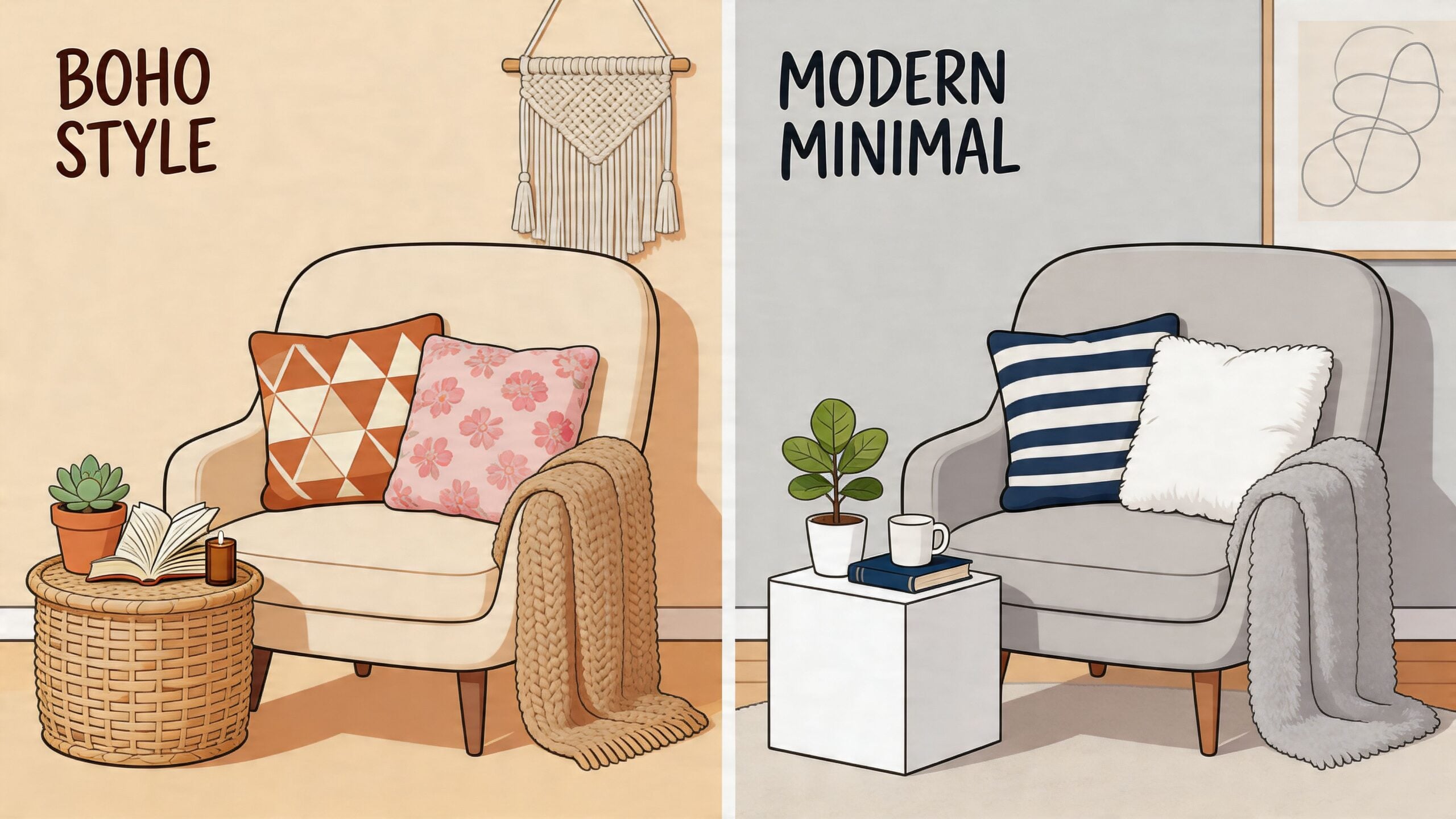 A split illustration comparing a beige boho style armchair with a gray modern minimal armchair interior.