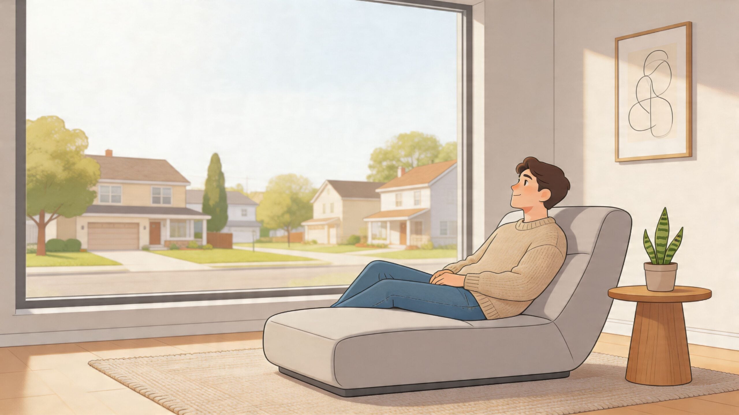 A young man relaxing on an armless lounge chair in a modern living room looking out the window.