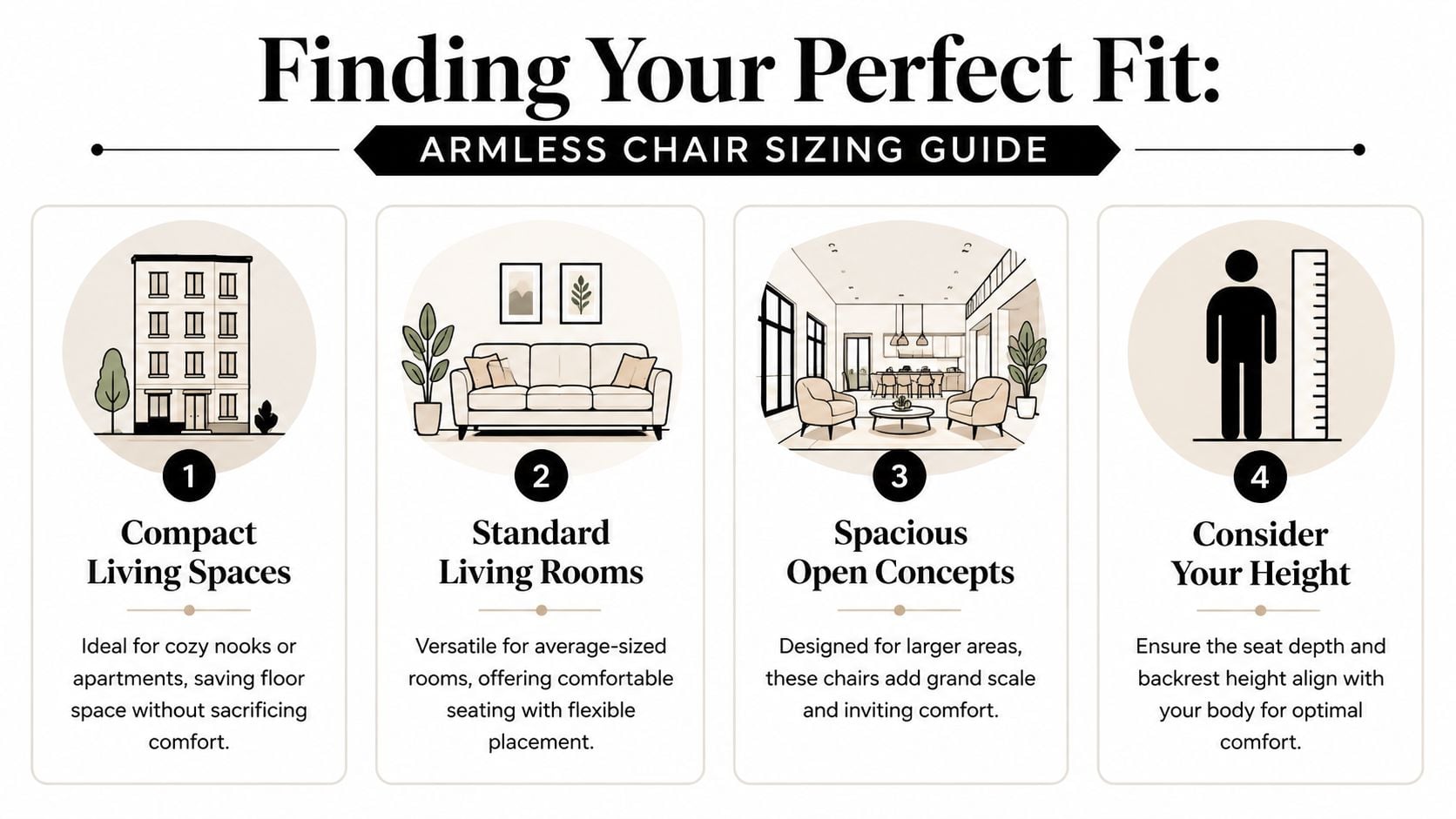 An infographic titled Finding Your Perfect Fit, illustrating factors to consider when choosing armless lounge chairs.