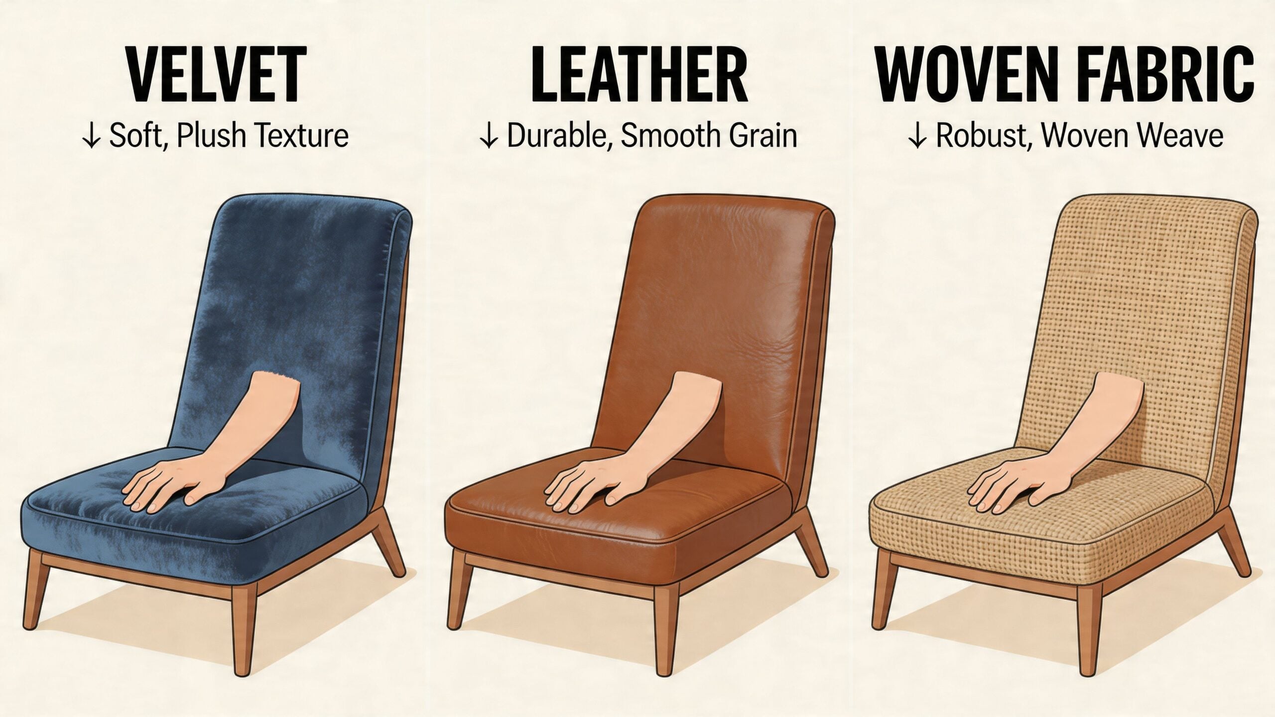 Three armless lounge chairs made of velvet, leather, and woven fabric demonstrating their distinct textures.