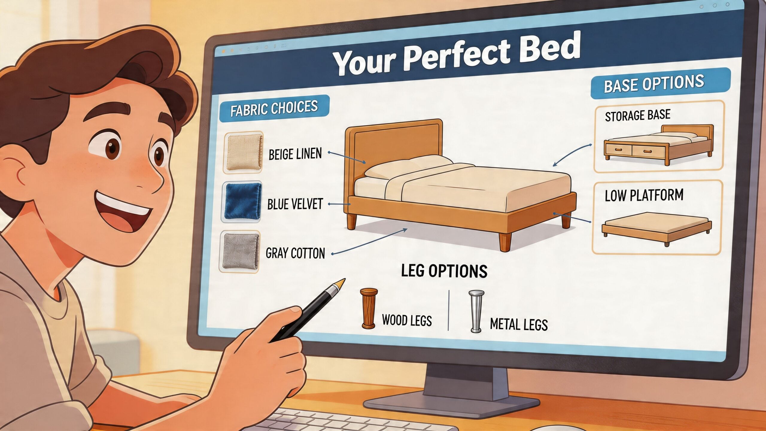 A young boy points at a computer screen showing customization options for a wooden bed design.