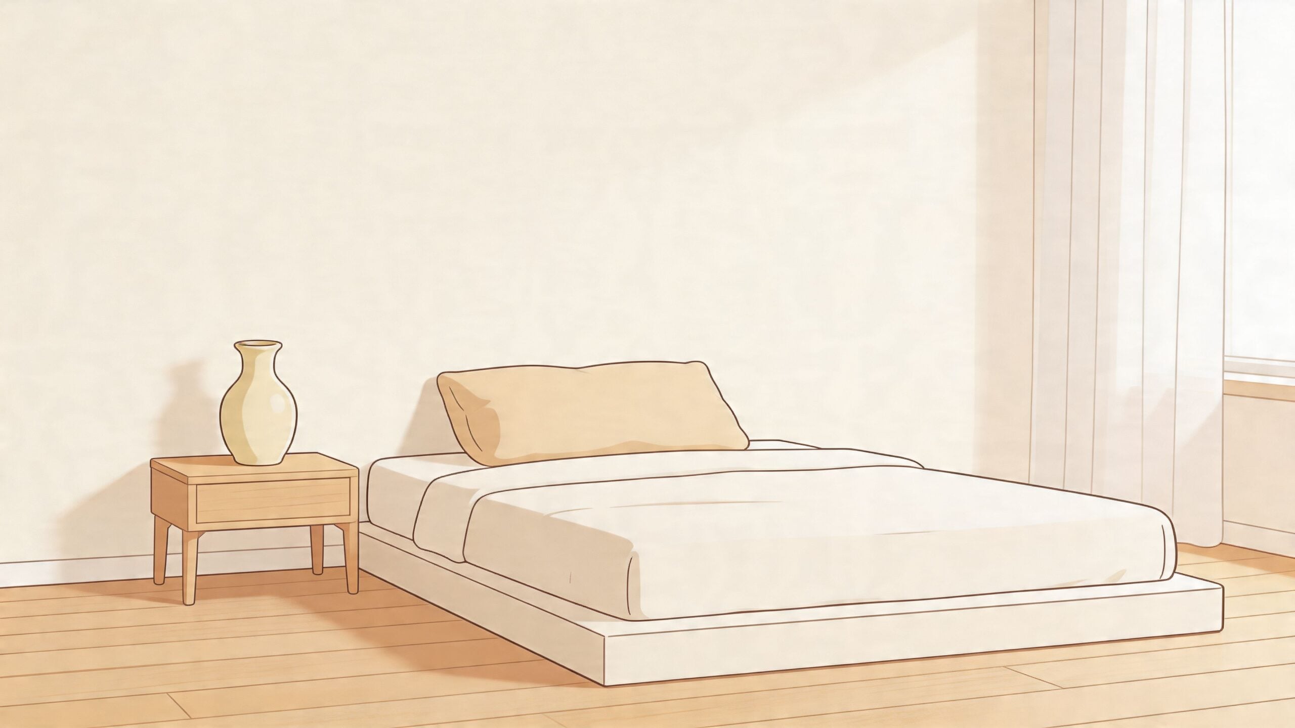 A minimalist bedroom featuring a low platform bed with no headboard next to a small wooden nightstand.