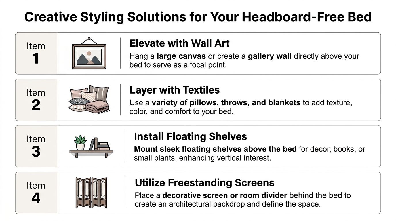 A list of four creative styling tips to decorate a wall space above a bed without a headboard.