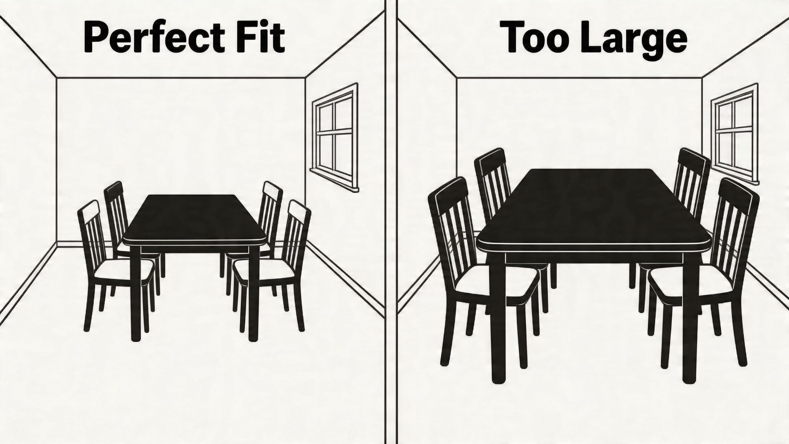 A diagram comparing a perfectly sized dining set to one that is too large for a room.