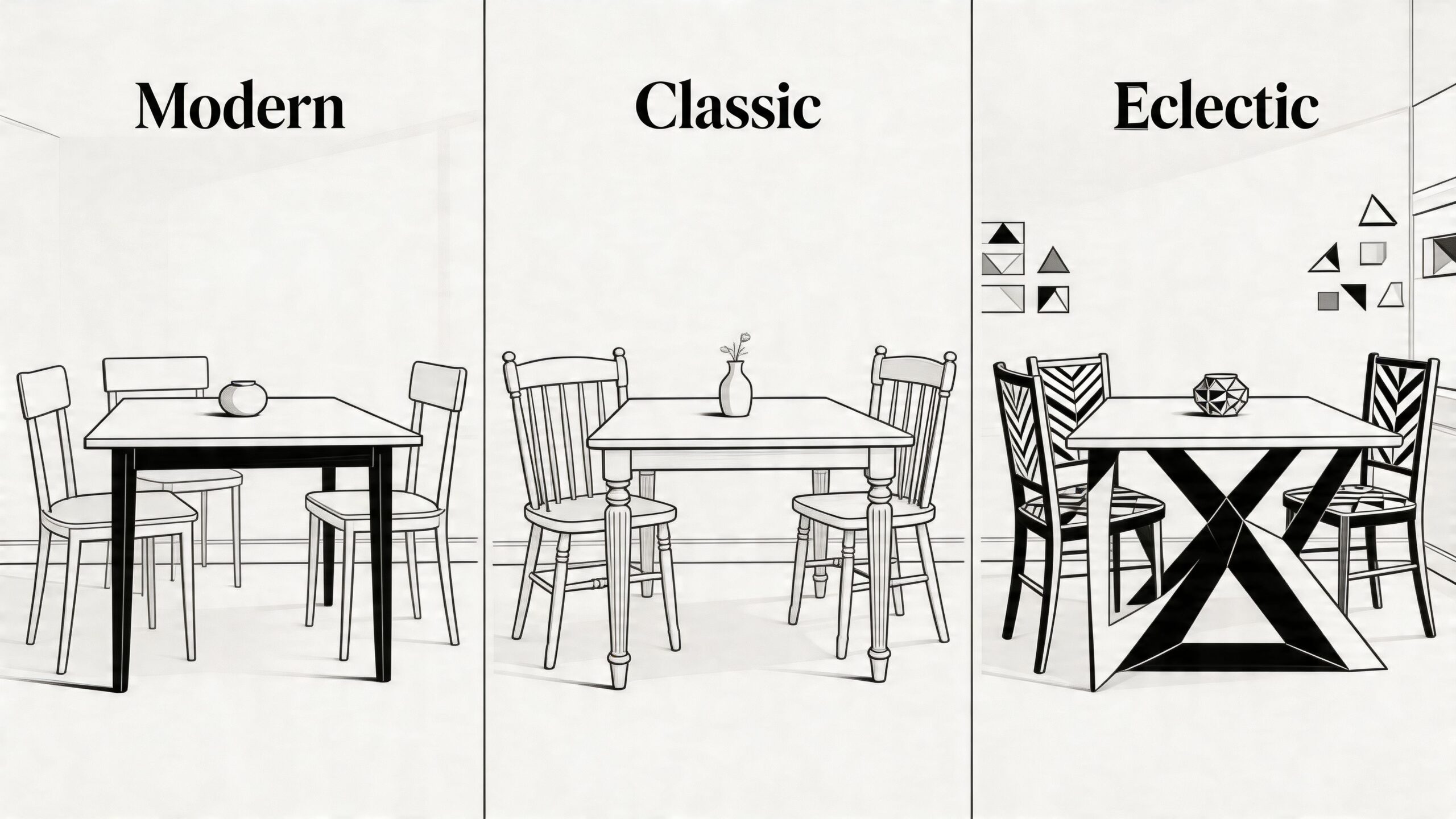 Line drawing illustration showing three dining room sets labeled Modern, Classic, and Eclectic styles.