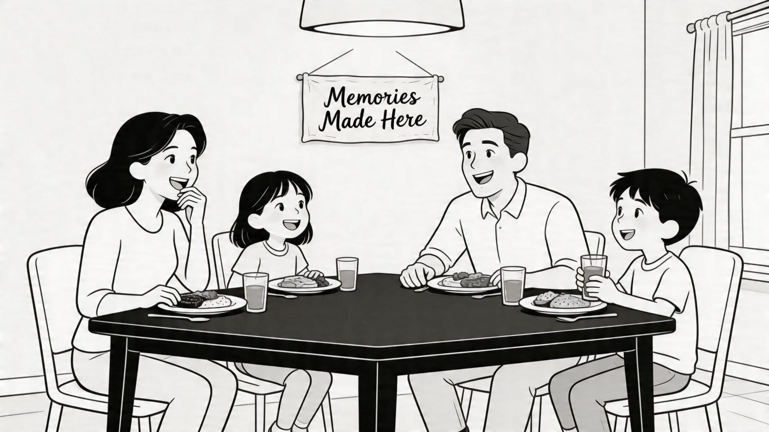 A happy family of four sitting around a dining table in a black and white line-art illustration.