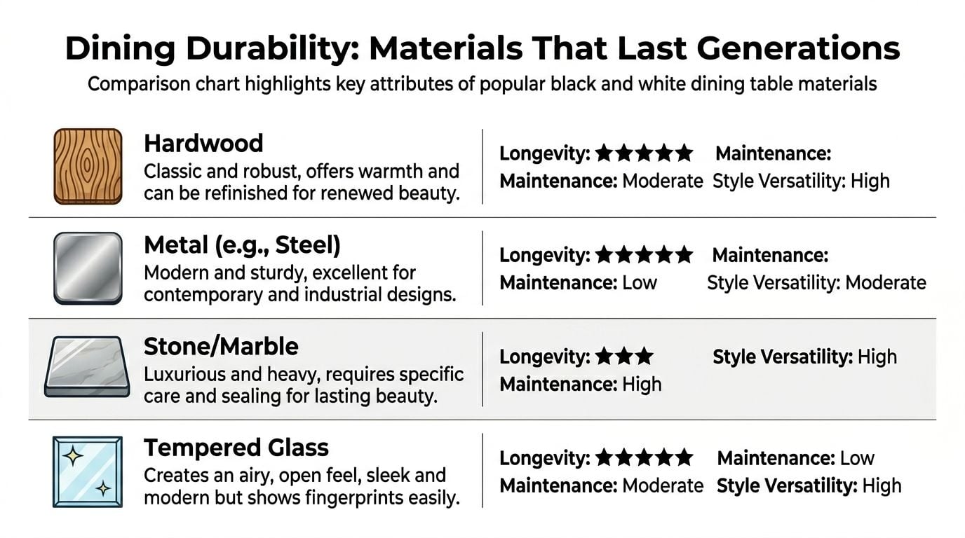 A comparison chart highlighting the durability, maintenance, and versatility of dining table materials like hardwood, metal, stone, and glass.