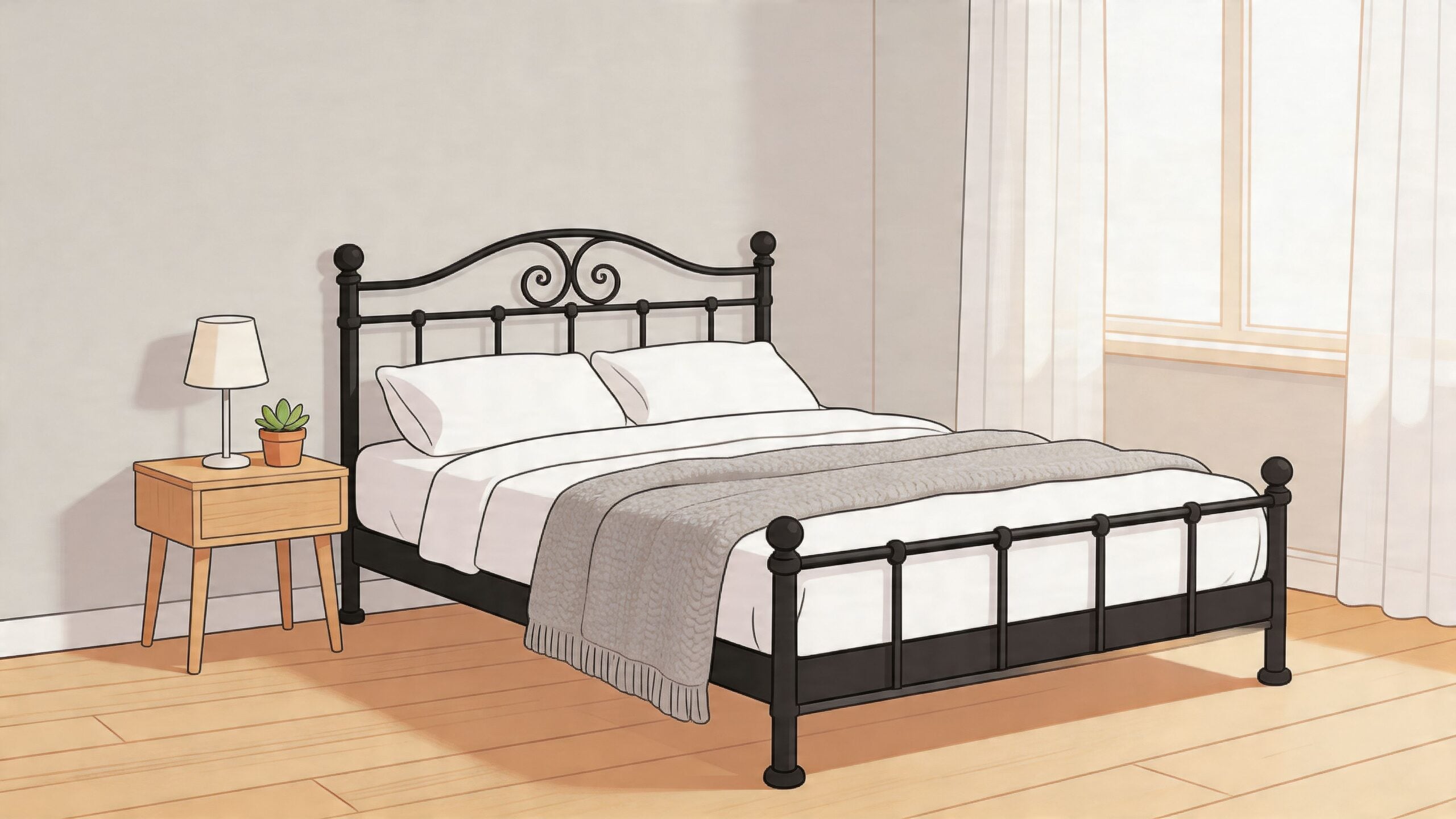 A minimalist bedroom featuring a black iron frame bed with white bedding and a wooden nightstand.