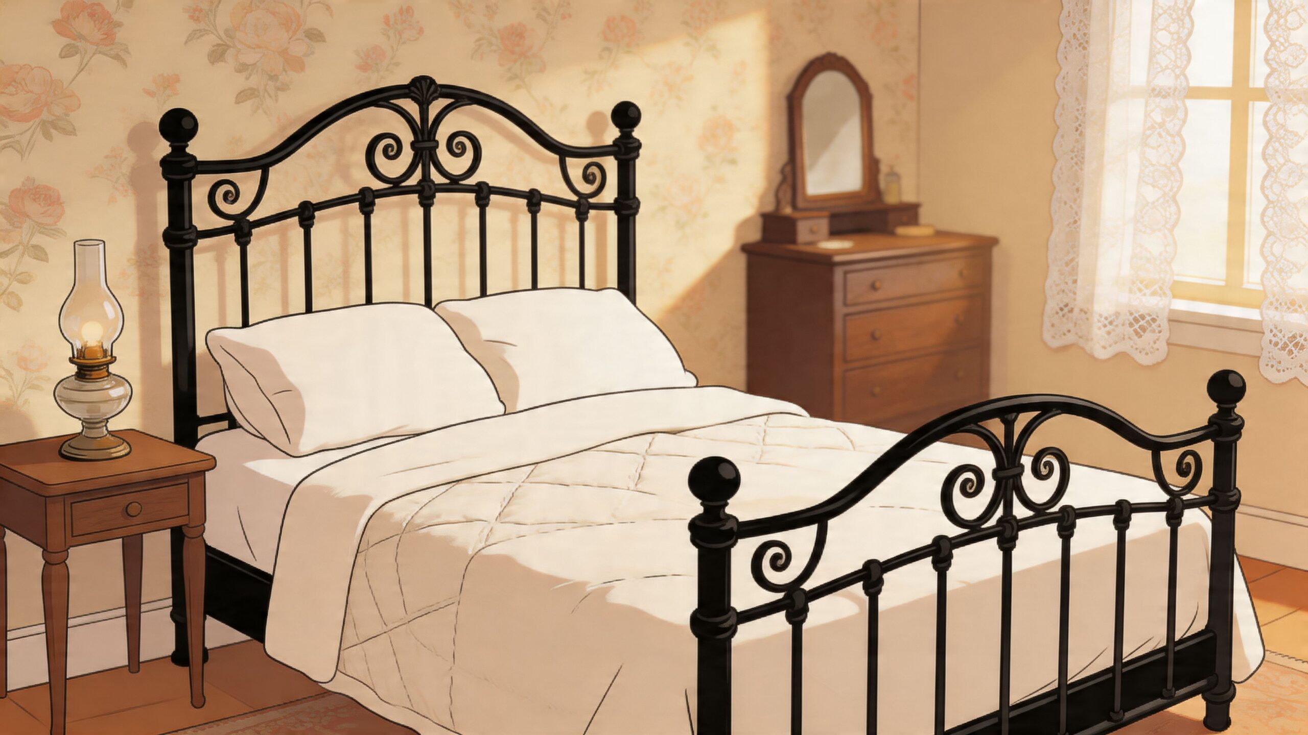 A classic bedroom interior featuring a black iron bed with white bedding and floral wallpaper.