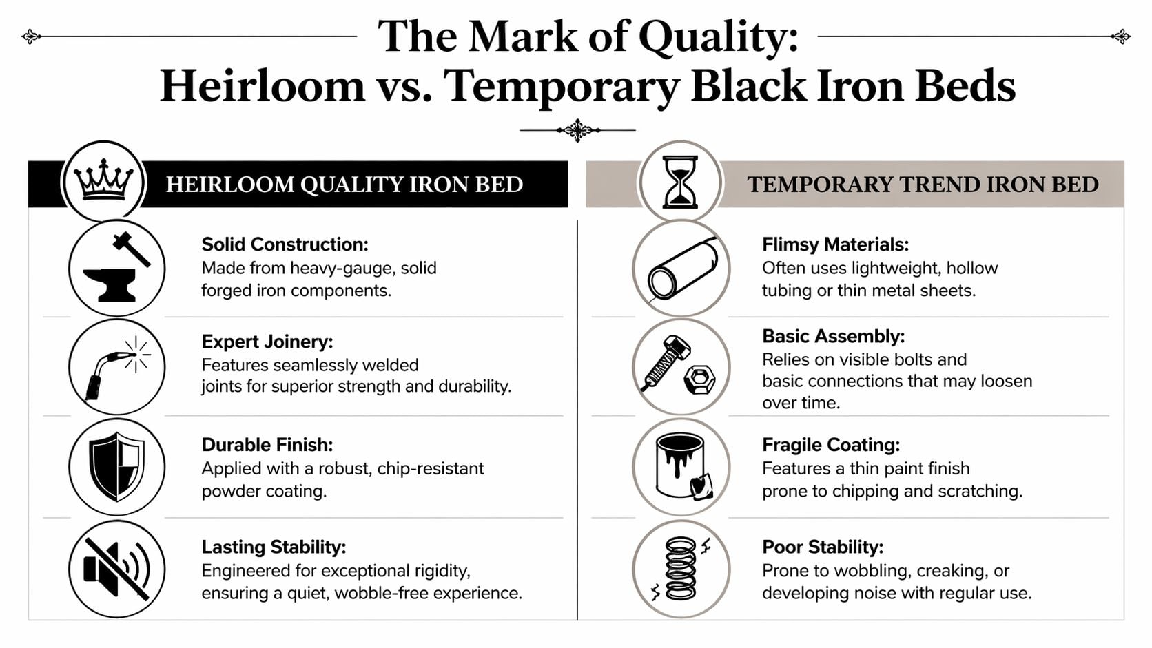 A comparison chart outlining the quality differences between durable heirloom iron beds and flimsy temporary iron beds.