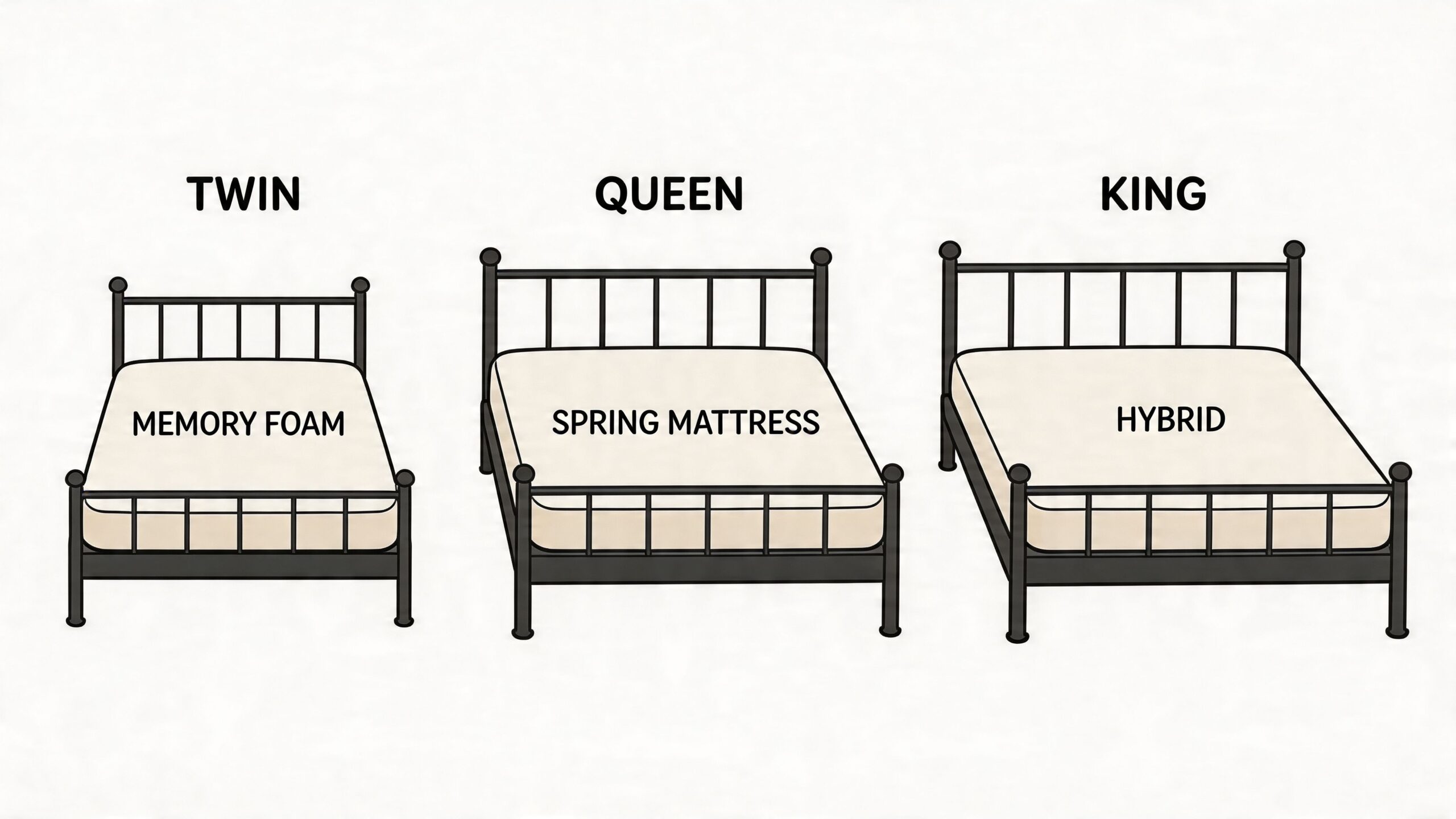 Three different sizes of black iron beds showing twin, queen, and king mattress types.