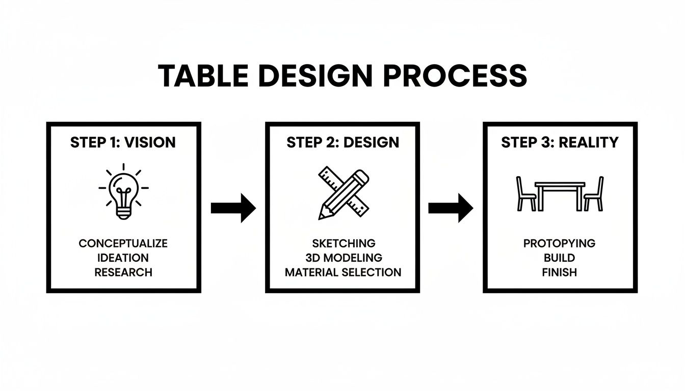 Flowchart illustrating the table design process, from vision and design to prototyping and finish.