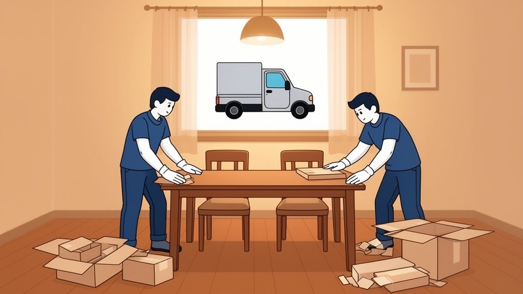 Two men are busy packing items on a dining table, surrounded by cardboard moving boxes.