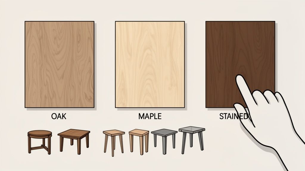 Three wood swatches (Oak, Maple, Stained) and various small tables illustrating wood finish options.