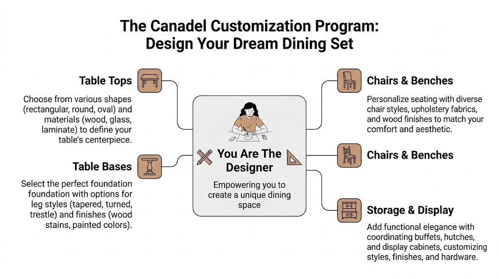 A diagram illustrating the Canadel Customization Program for designing unique, personalized dining room furniture sets.