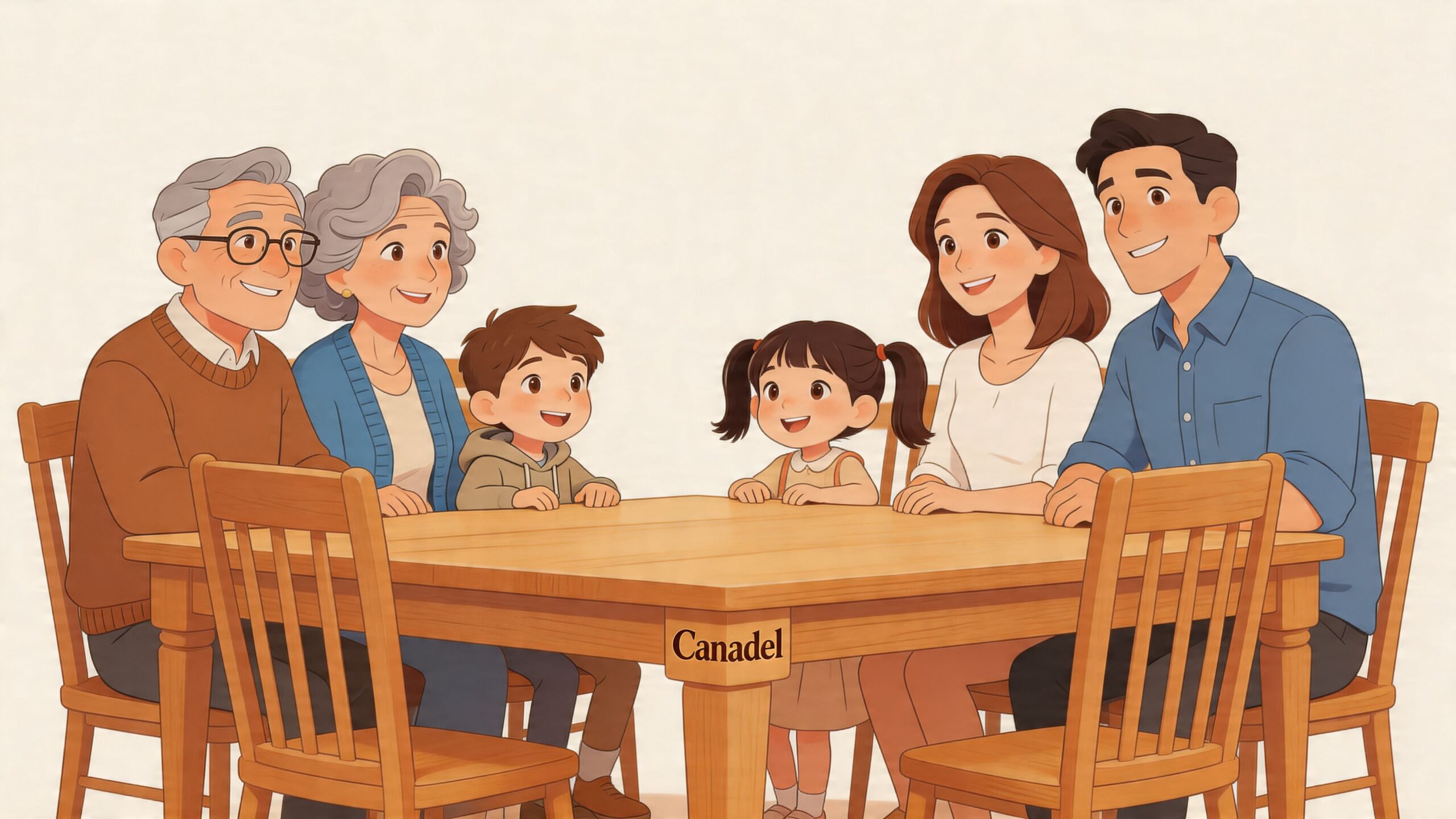 A happy multi-generational family sitting together around a wooden Canadel dining room table.