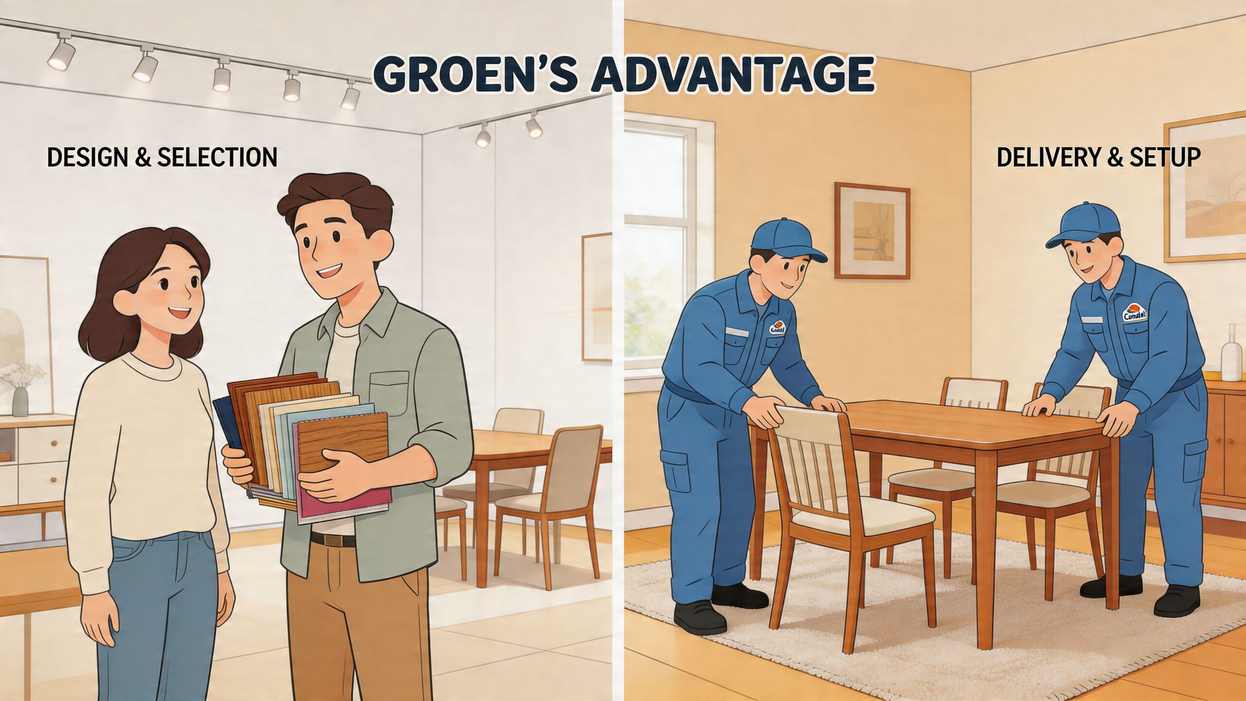 A split illustration showing a couple choosing materials and workers delivering a Canadel dining room set.