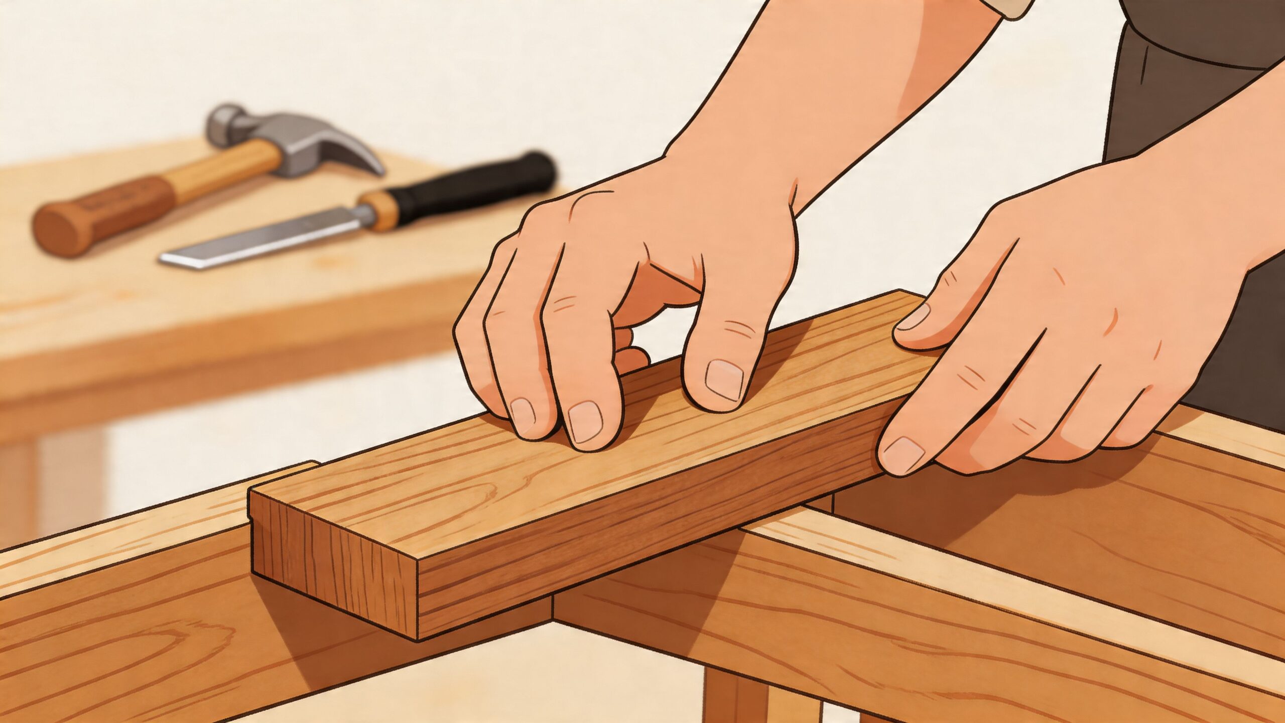 A woodworker carefully fitting a piece of timber into a wooden frame during a furniture construction project.