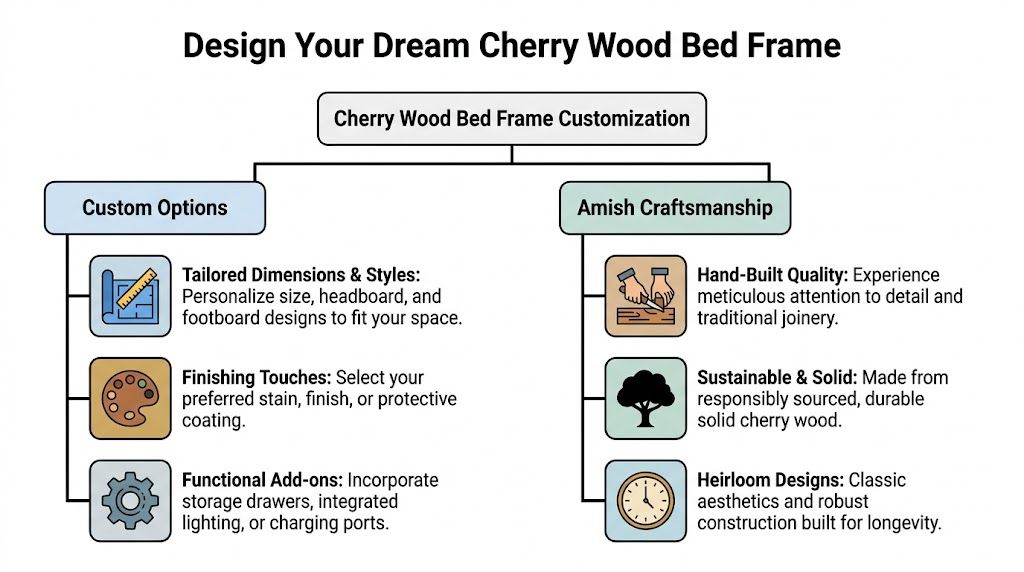 An infographic showing customization options and Amish craftsmanship features for a solid cherry wood bed frame.